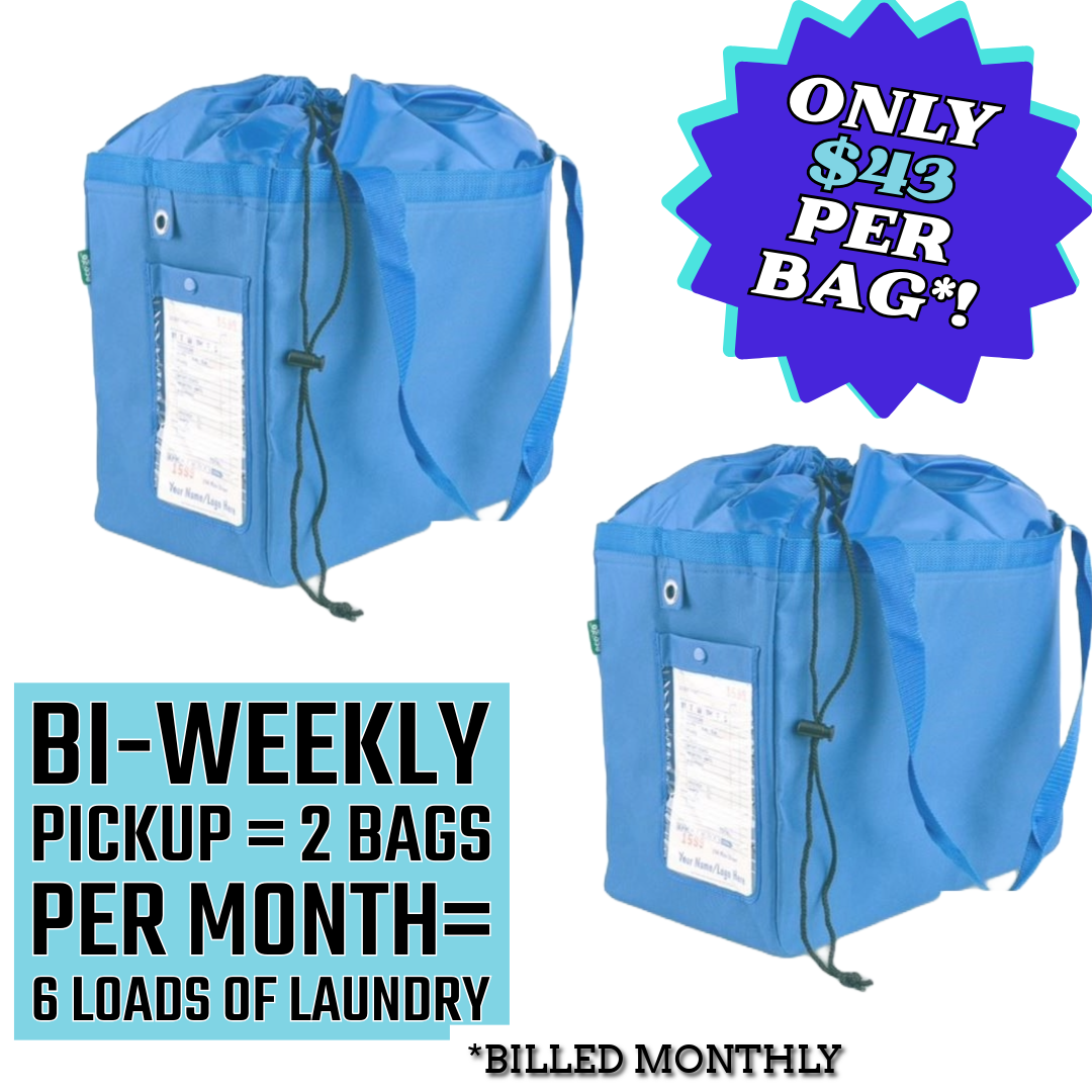 WE PICK UP LAUNDRY EVERY OTHER WEEK. 2 BAGS OF LAUNDRY PER WEEK IS EQUAL TO 6 LOADS OF LAUNDRY EACH MONTH.