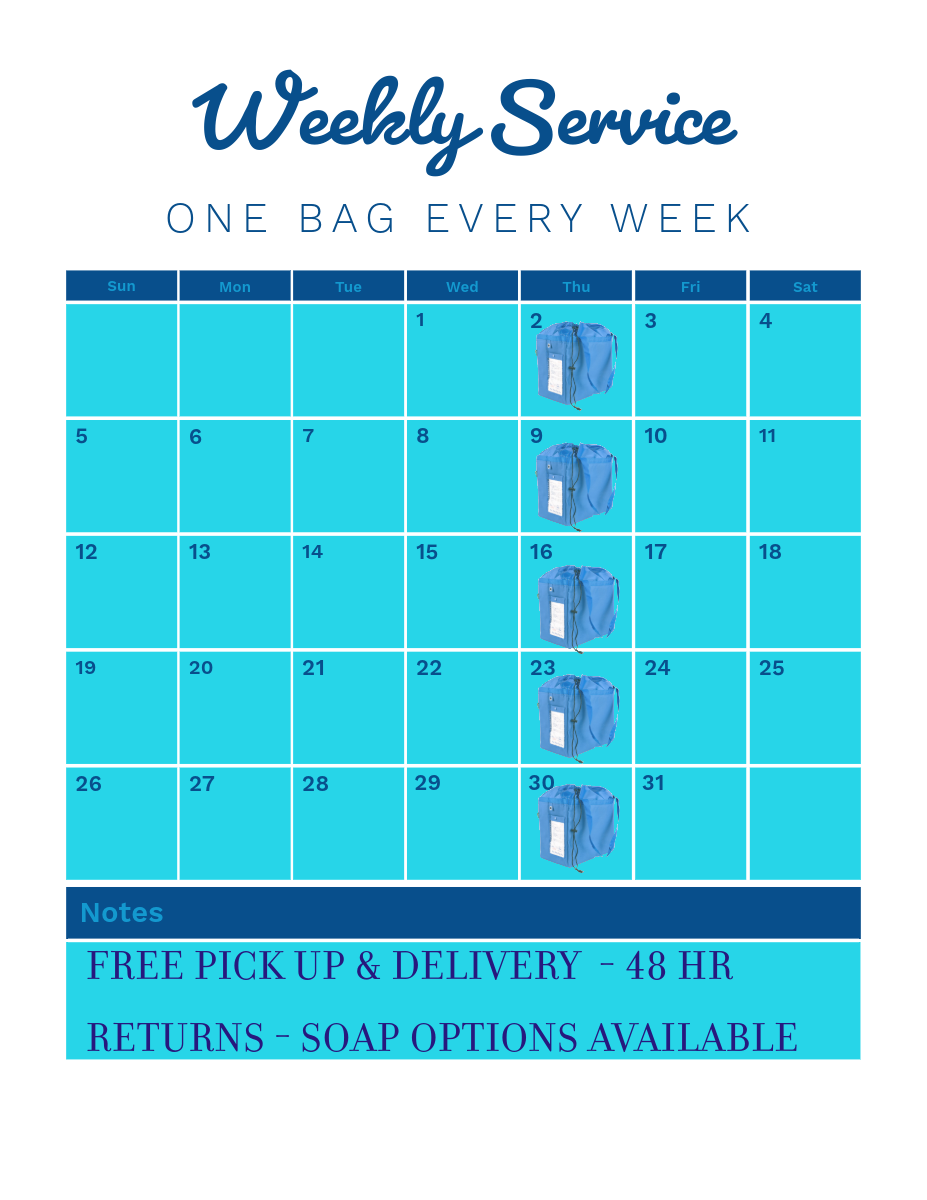 BI WEEKLY LAUNDRY PICKUP. 4 BAGS PER MONTH IS 12 LOADS OF LAUNDRY BILLED MONTHLY. PICK UP AND DELIVERY INCLUDED